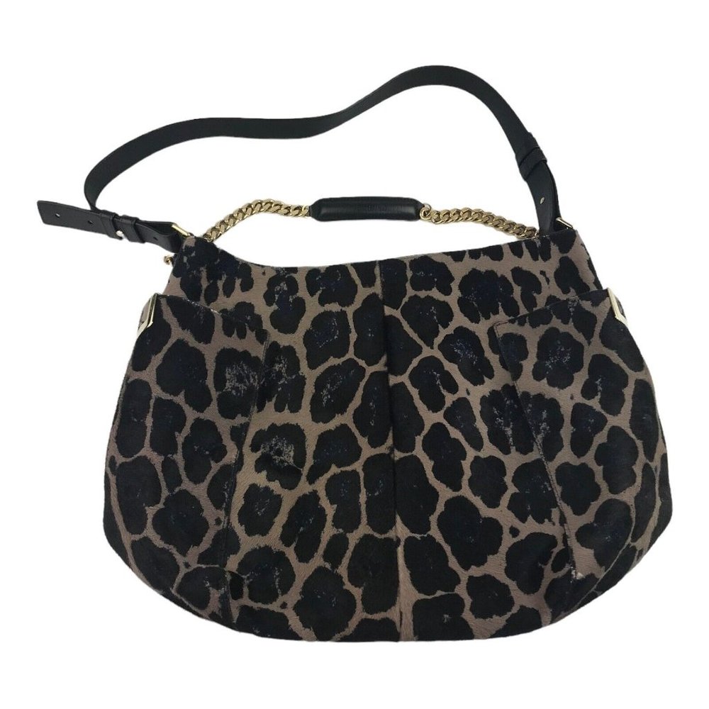 Jimmy Choo Blue Leopard "Alfie" Handbag Hobo Tote Bag Purse Printed Calf Hair